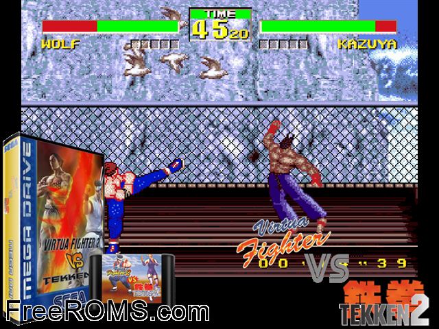 Virtua Fighter 2 vs Tekken 2 Genesis game showing 3D box cover and gameplay screenshot