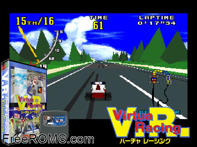 Virtua Racing (Japan) Genesis game showing 3D box cover and gameplay screenshot