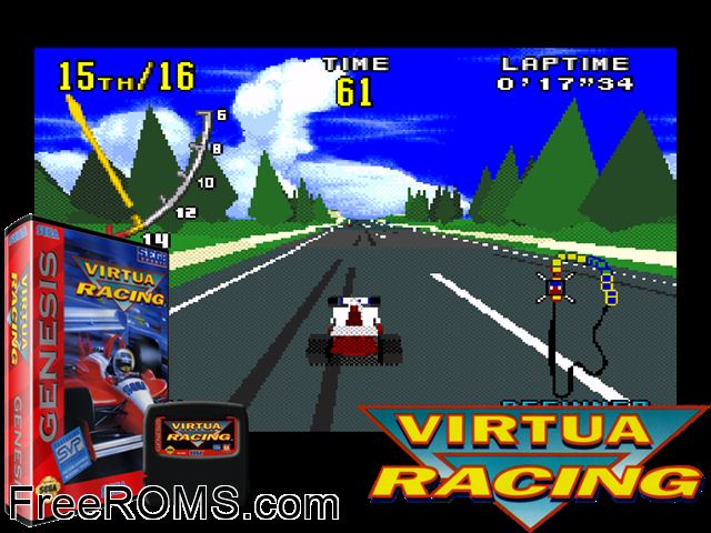 Virtua Racing Genesis game showing 3D box cover and gameplay screenshot