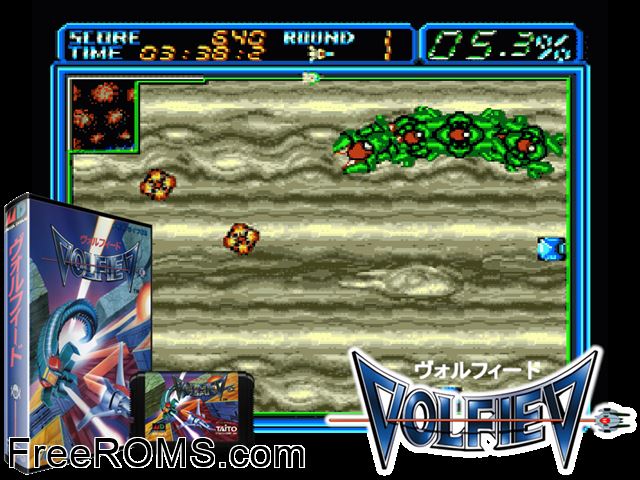 Volfied (Japan) Genesis game showing 3D box cover and gameplay screenshot