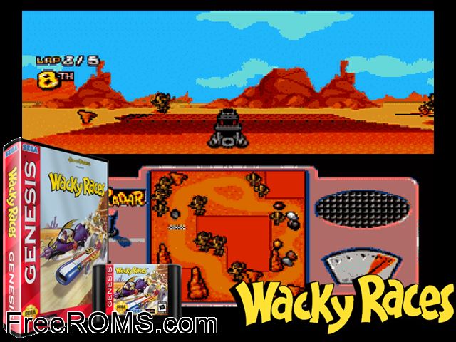 Wacky Races Demo Genesis game showing 3D box cover and gameplay screenshot