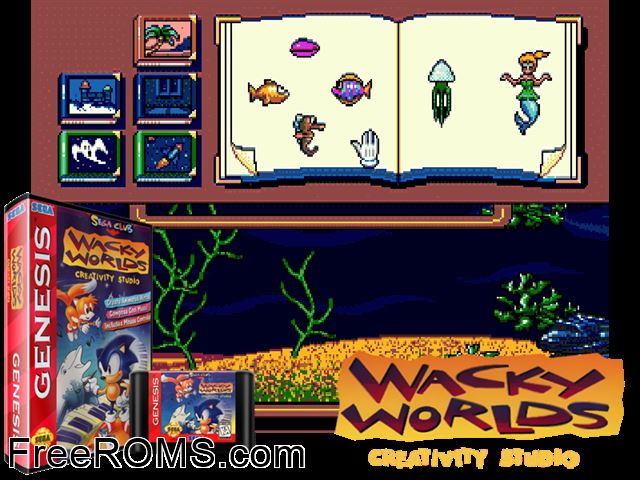 Wacky Worlds Genesis game showing 3D box cover and gameplay screenshot