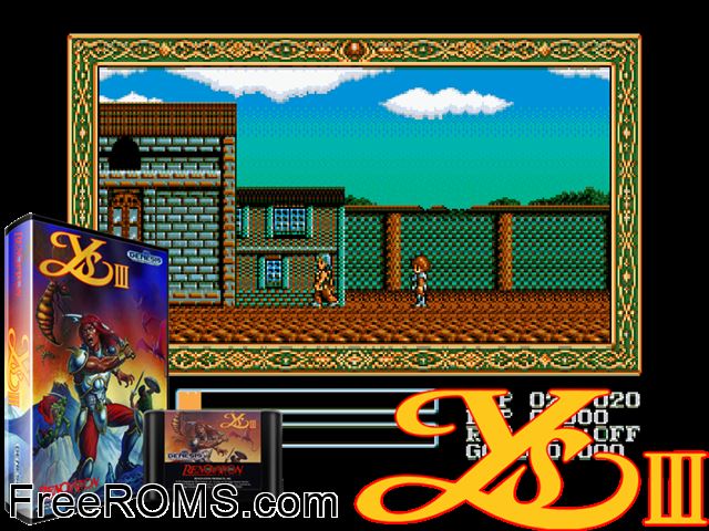 Wanderers from Ys Genesis game showing 3D box cover and gameplay screenshot
