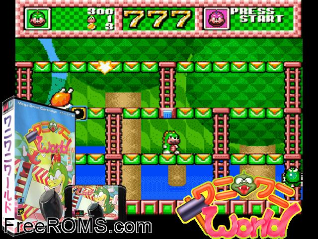 Wani Wani World Genesis game showing 3D box cover and gameplay screenshot
