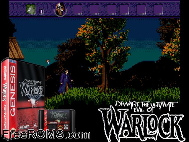 Warlock Genesis game showing 3D box cover and gameplay screenshot