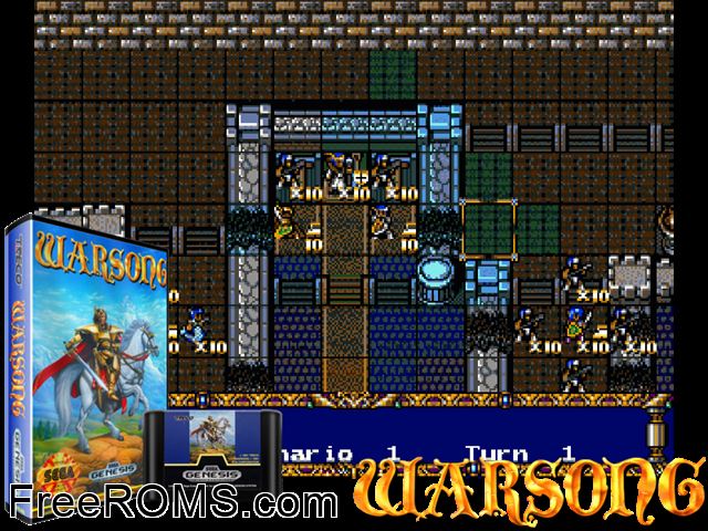 Warsong Genesis game showing 3D box cover and gameplay screenshot
