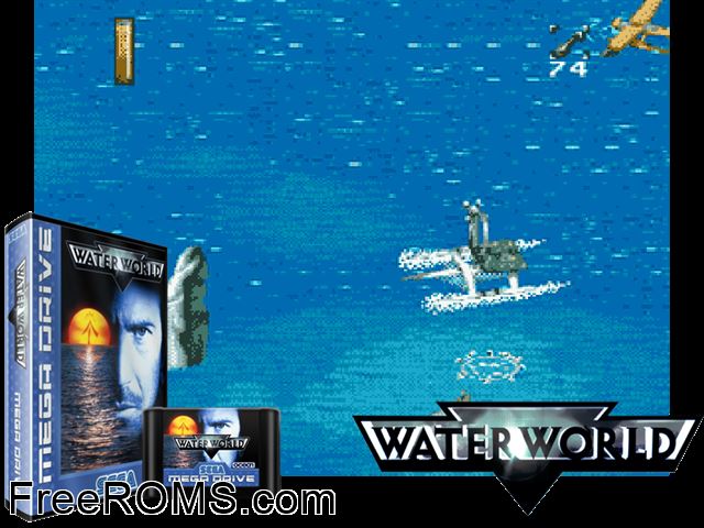 Water World Genesis game showing 3D box cover and gameplay screenshot