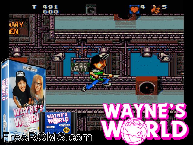 Wayne's World Genesis game showing 3D box cover and gameplay screenshot
