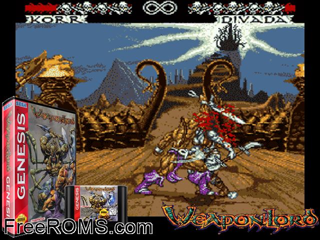 Weapon Lord Genesis game showing 3D box cover and gameplay screenshot