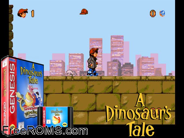 We're Back! - A Dinosaur's Tale Genesis game showing 3D box cover and gameplay screenshot