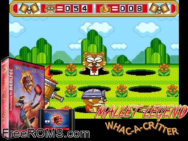 Whac-A-Critter Genesis game showing 3D box cover and gameplay screenshot
