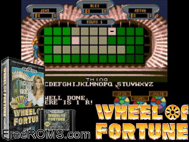 Wheel of Fortune Genesis game showing 3D box cover and gameplay screenshot