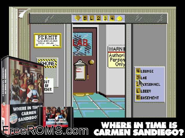 Where in Time is Carmen Sandiego Genesis game showing 3D box cover and gameplay screenshot