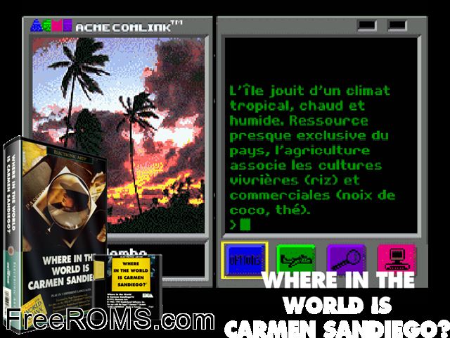 Where in the World is Carmen Sandiego Genesis game showing 3D box cover and gameplay screenshot