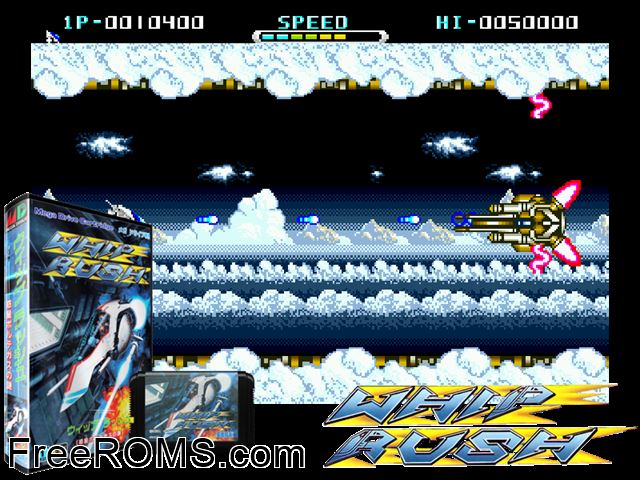 Whip Rush 2222 AD (Japan) Genesis game showing 3D box cover and gameplay screenshot