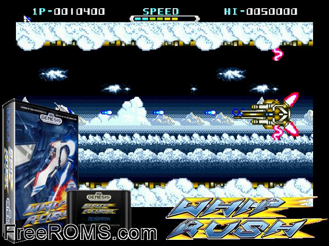 Whip Rush 2222AD Genesis game showing 3D box cover and gameplay screenshot