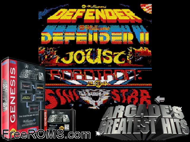 Williams Arcade's Greatest Hits Genesis game showing 3D box cover and gameplay screenshot