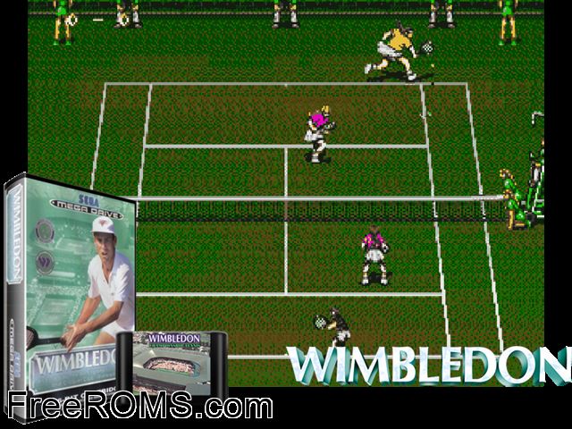 Wimbledon Genesis game showing 3D box cover and gameplay screenshot
