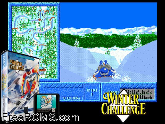 Winter Challenge Genesis game showing 3D box cover and gameplay screenshot