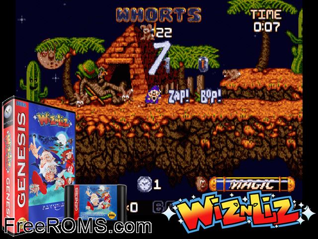 Wiz 'n' Liz Genesis game showing 3D box cover and gameplay screenshot