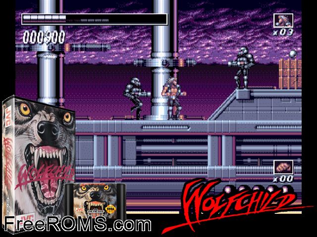 Wolf Child Genesis game showing 3D box cover and gameplay screenshot