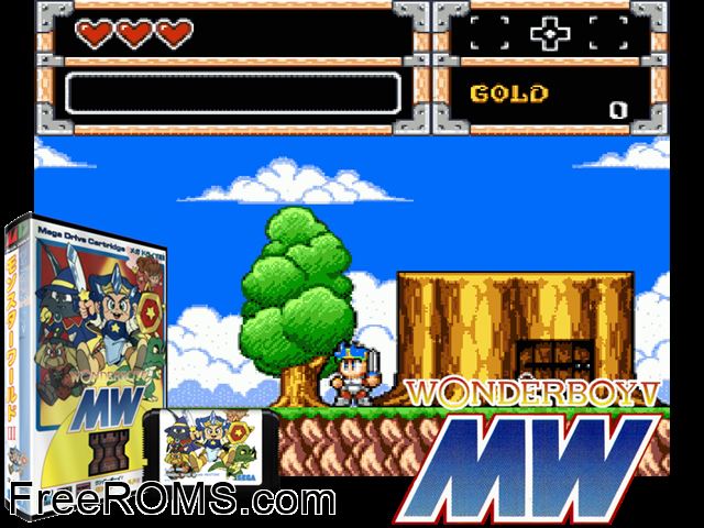 Wonder Boy V - Monster World III (Japan) Genesis game showing 3D box cover and gameplay screenshot
