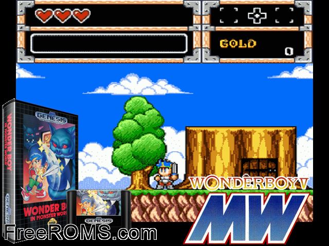 Wonderboy in Monster World Genesis game showing 3D box cover and gameplay screenshot