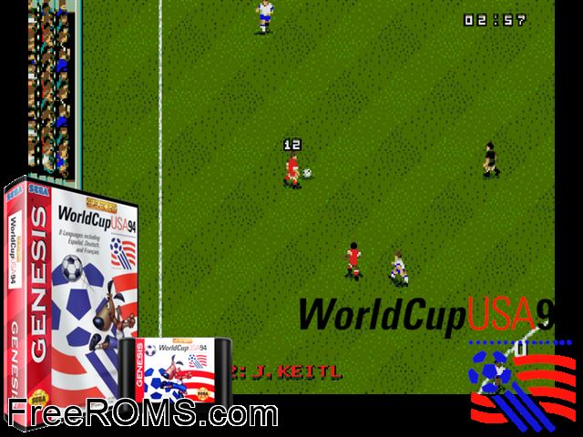 World Cup USA 94 Genesis game showing 3D box cover and gameplay screenshot