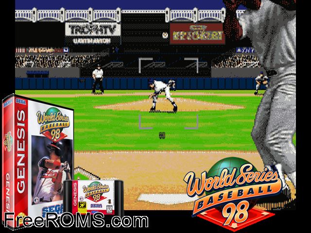 World Series Baseball '98 Genesis game showing 3D box cover and gameplay screenshot