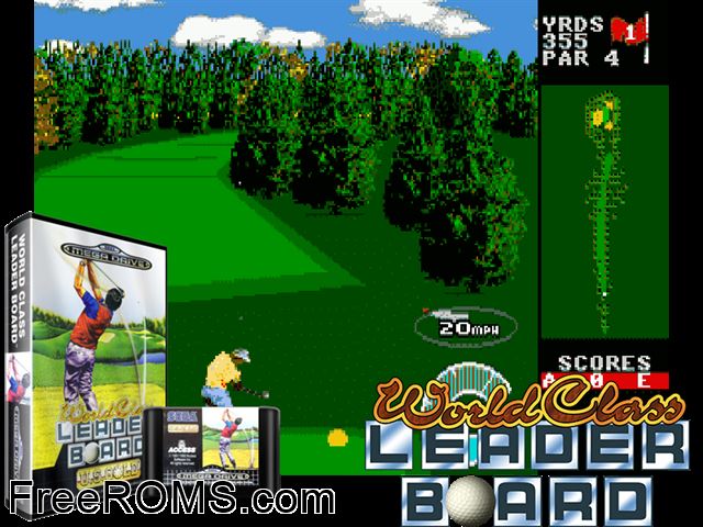 World Class Leader Board Genesis game showing 3D box cover and gameplay screenshot