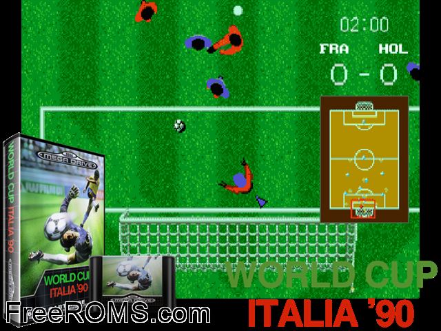 World Cup Italia '90 Genesis game showing 3D box cover and gameplay screenshot