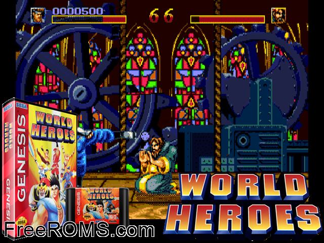 World Heroes Genesis game showing 3D box cover and gameplay screenshot