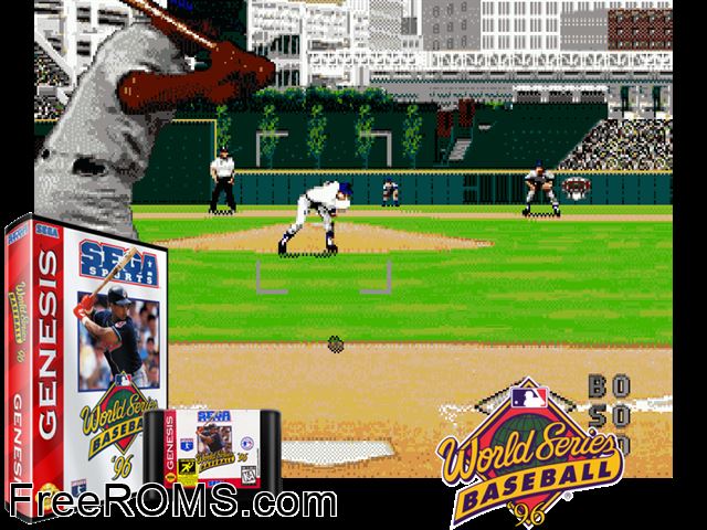 World Series Baseball '96 Genesis game showing 3D box cover and gameplay screenshot