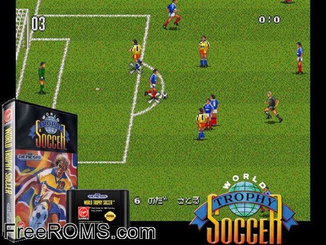 World Trophy Soccer Genesis game showing 3D box cover and gameplay screenshot