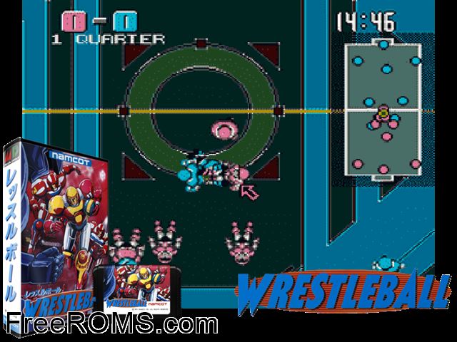 Wrestleball Genesis game showing 3D box cover and gameplay screenshot