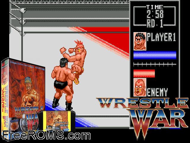 Wrestle War Genesis game showing 3D box cover and gameplay screenshot