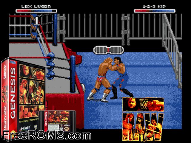 WWF RAW Genesis game showing 3D box cover and gameplay screenshot
