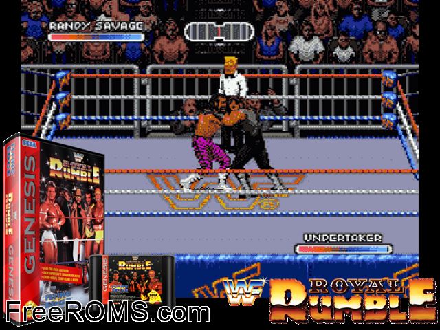 WWF Royal Rumble Genesis game showing 3D box cover and gameplay screenshot