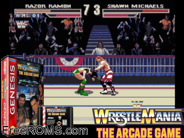 WWF Wrestlemania Arcade (Alpha) Genesis game showing 3D box cover and gameplay screenshot