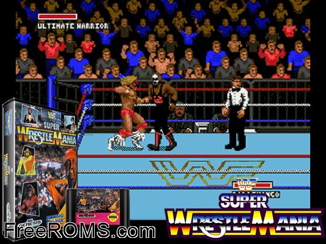 WWF Super Wrestlemania Genesis game showing 3D box cover and gameplay screenshot