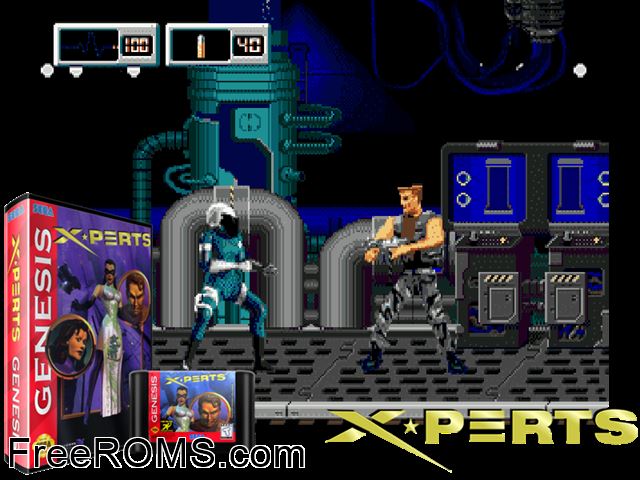 X-perts Genesis game showing 3D box cover and gameplay screenshot