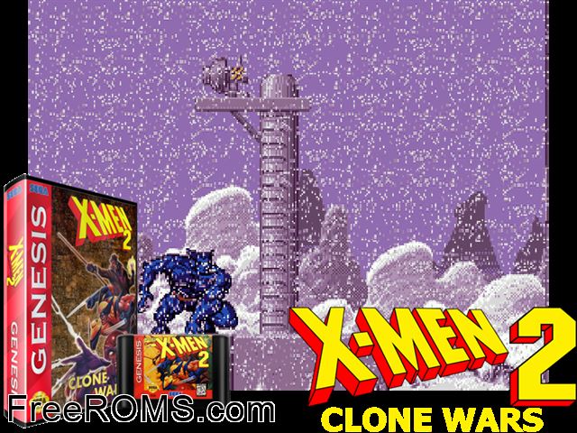 X-Men 2 - Clone Wars Genesis game showing 3D box cover and gameplay screenshot