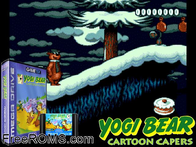Yogi Bear Genesis game showing 3D box cover and gameplay screenshot