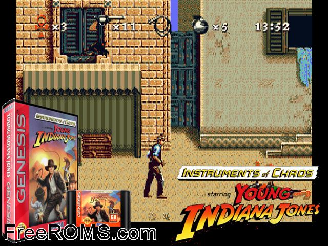 Young Indiana Jones - Instrument of Chaos Genesis game showing 3D box cover and gameplay screenshot