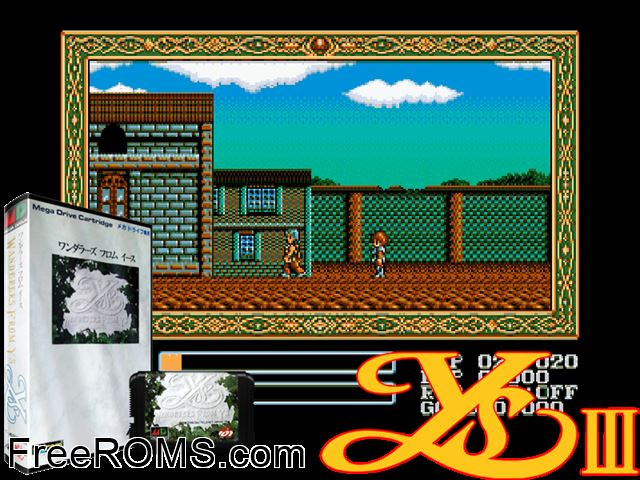 Ys III - Wanderers from Ys (Japan) Genesis game showing 3D box cover and gameplay screenshot