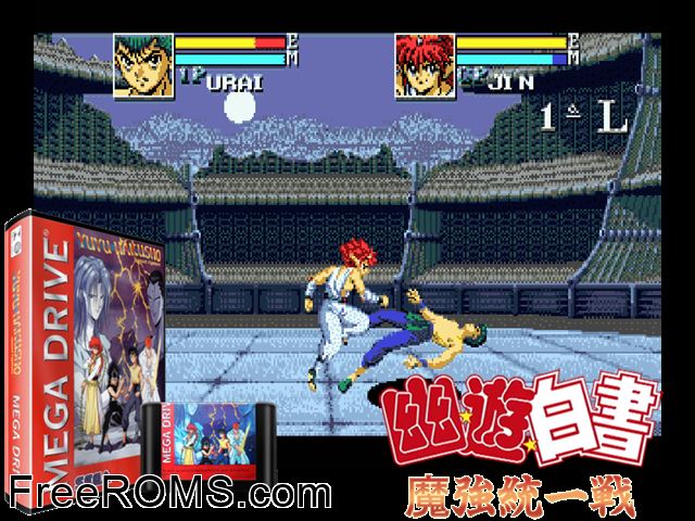 Yuu Yuu Hakusho - Sunset Fighters Genesis game showing 3D box cover and gameplay screenshot