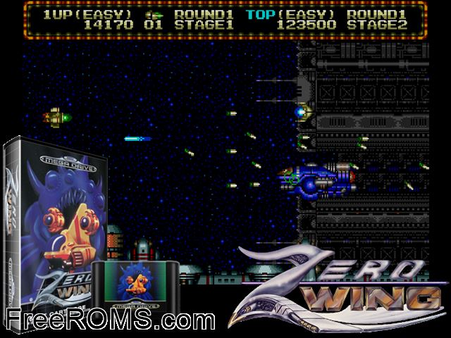 Zero Wing (Japan) Genesis game showing 3D box cover and gameplay screenshot