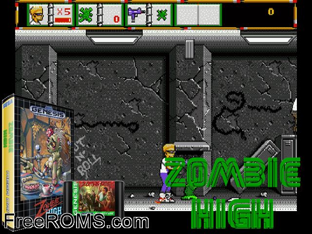 Zombie High Genesis game showing 3D box cover and gameplay screenshot