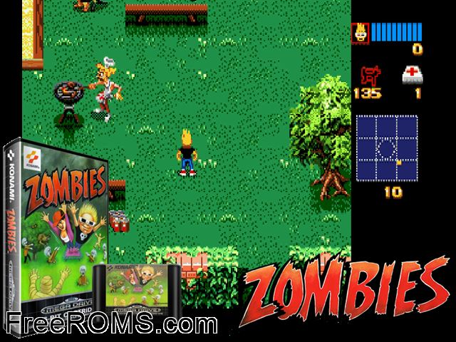 Zombies Ate My Neighbors Genesis game showing 3D box cover and gameplay screenshot