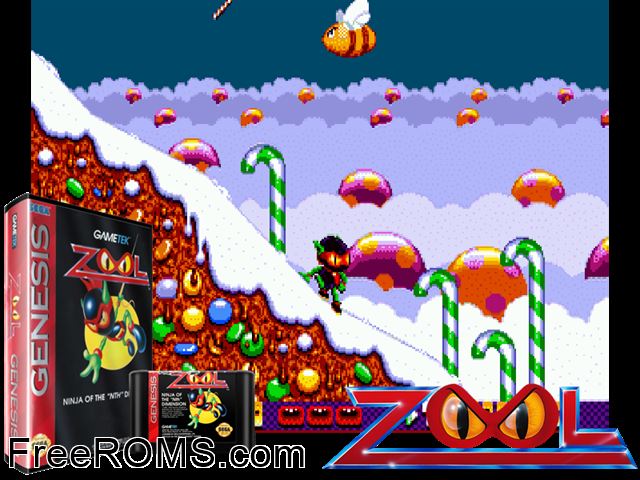 Zool Genesis game showing 3D box cover and gameplay screenshot